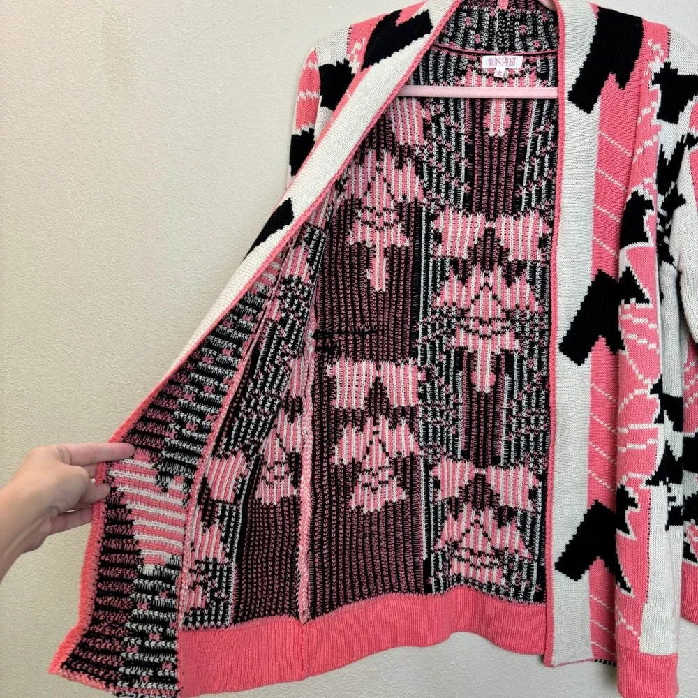 Wild Heart Womens Cardigan Sweater‎ Open Front Pink Black White Aztec Large